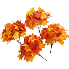 4PCS Fall Decor Maple Leaves Stems Artificial Leaves Silk Maple Leaves Fall Bouquet for Autumn Indoor Outdoor Home Kitchen Fall Floral Arrangements Thanksgiving Decorations Decor Outside Indoor Decor