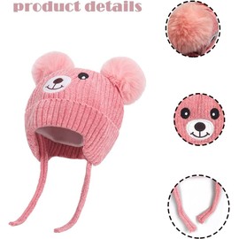 Cute Bear Kids Winter Fleece Lined Knitted Hat with Ear Flaps Dual Pom-Pom Chenille Furry Beanie Earflap Warm Beanie Hat with Strap Cold Weather Warm Hat for 1-5 Y Infant Toddler Boys Girls