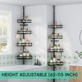 HEVEL Corner Shower Caddy Tension Pole, Adjustable Shower Organizer Corner 62-115 Inch, Rustproof Bathroom Storage Shower Shelves, Black