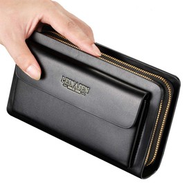 portafolios grande de piel larga para hombre, portafolios de viaje, pasaporte, negocios, teléfono celular, tarjetero de crédito, Negro -, L, Classic