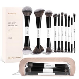 MAANGE Set de Brochas de Maquillaje, 10PCS Brochas para Maquillaje de Doble Punta para Pulir Líquidos, Cremas, Polvos, Difuminar y Contornear con Neceser y Caja(Blanco)