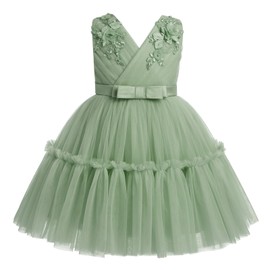 ODASDO Toddler Birthday Dress, Flower Girl Dresses for Wedding Bridesmaid Kids V-Neck Sleeveless Tulle Tutu Princess Special Occasion Formal Pageant Party Ball Prom Gown Summer Spring Sage Green 2-3Y