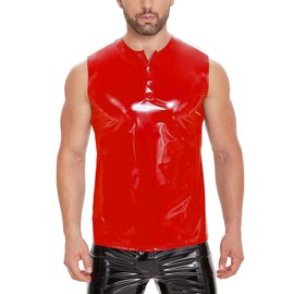 Men Wetlook Leather Tank Top, Glossy, Male Shiny Latex Casual Shirt Sleeveless, Red
