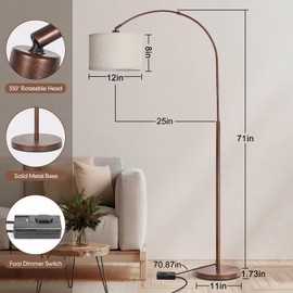 Dimmable Arc Floor Lamps for Living Room, Mid Century Floor Lamp, Antique Bronze Standing Lamp with Adjustable Hanging Shade, Tall Pole Lamp Reading Light for Bedroom, Over Couch, 9W LED Bulb Included