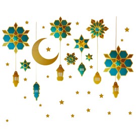 Pinenjoy Ramadan Wall Decals Islamic Eid Wall Sticker Muslim Mubarak Wall Clings Moon Lantern Star Decorations for Window Living Room Bedroom Sofa Background