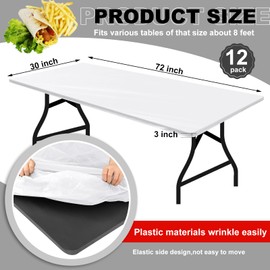 Boao 12 Pcs Plastic Table Cloths Disposable for Parties Picnic Table Covers with Elastic Fitted Elastic Table Cover Rectangle Waterproof for Indoor, Outdoor, Picnic, Camping (White,6 Ft, 72 x 30 Inch)