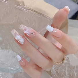 Nail Tips, 3D Nails, Long Nail Tips, 24 Pieces, Brides, Nail False Nails, Butterfly, 3D Appearance, Coming-of-Age Ceremonies, School Entrance Ceremonies, Graduation Ceremonies, Weddings, Parties, Easy