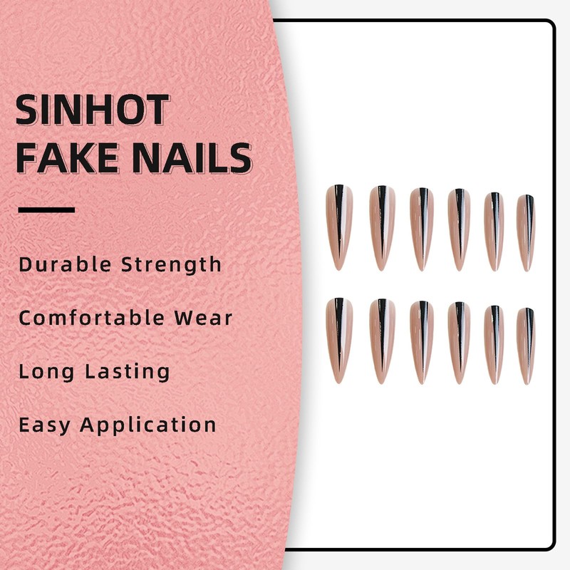 SINHOT Stiletto Press on Nails Long - Black Simple Line