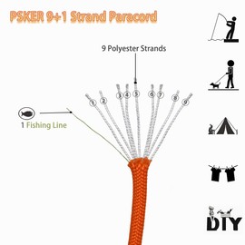 PSKER 550 Paracord 9+1 Strand Survival Paracord Tactical Parachute Rope with Integrated Fishing Line for Hiking, Camping, Outdoor Backpacking