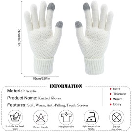 Drokenle Women Winter Gloves, Warm Soft Touchscreen Gloves Thermal Knit Fleece Lined Glove Elastic Cuff Womens Gloves for Cold Weather (White)