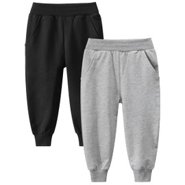 GFQLONG Toddler Baby Boys 2 Pack Cotton Active Jogger Pants,Kids Casual Athletic Sweatpants Solid Pocket Bottoms,Black+Grey 2-3T