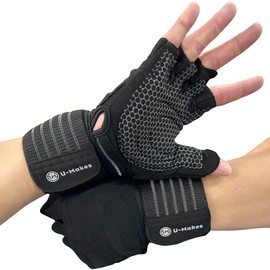 U-Makes Training Gloves, Muscle Training Gloves, Strong Grip, High Cushion, Wrist Wrap Function, Storage Bag Included, Men's, Women's, Training Moirep Gloves (Black, M)