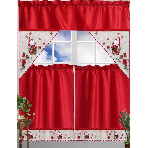 PIC Christmas Polyester Kitchen Curtains and Valances Set, Light Filtering, 3 Piece Window Swag & Tier Set, for Bathroom, Laundry, and Living Rooms, Holiday Home Decor, Santa Claus