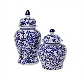 Two's Company Blue and White Chinoiserie Temple Jars with Lids, Porcelain, Set of 2
