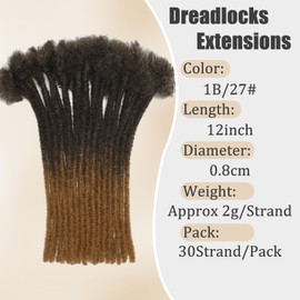 QIDESHENG 12 Inch Dreadlock Extensions Synthetic Hair 30Strands 0.8 Width Handmade Dreads Hair Extensions Reggae Braids Locs Synthetic Hippie Single Ended Dreads for Women/Men/Kids (1B/27, 12Inch)