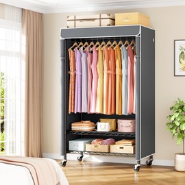 ULIFHOME P6C Rolling Clothes Rack with Cover, Covered Clothing Racks Heavy Duty, Portable Closet for Hanging Clothes, Garment Racks on Wheels, Black Closet Rack with Gray Cover, Max Load 365LBS