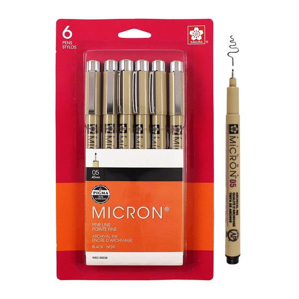 SAKURA Pigma Micron Fineliner Pens - Archival Black Ink Pens - Pens for Writing, Drawing, or Journaling - Black Ink - 05 Point Size - 6 Pack