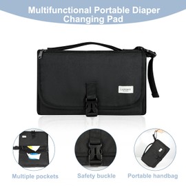 LANDICI Portable Diaper Changing Pad for Newborn Girl & Boy, Travel Waterproof Baby Changing Pad with Smart Wipes Pocket, Detachable Diaper Changing Mat, Gifts for Baby Newborn Essentials, Black