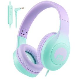 rockpapa Kids Headphones, Wired Headphones for Kids with Microphone, 85/94dB Volume Limiter Headphones for Girls Boys, Foldable Headphones for School Tablet Laptop Purple Teal