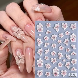 Flower Nail Art Sticker Decals - 5D Stereoscopic Embossed Acrylic Nail Stickers Flower Cherry Blossom Peach Blossom Spring 5D Nail Sticker for Nails Summer Floral Manicure Sliders for Women Nail Decor