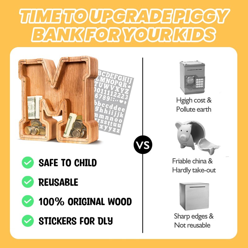 KMC Wooden Piggy Bank, Piggy Bank for Kids, Unbreakable Wooden