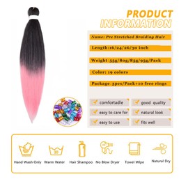 Braiding Hair Pre Stretched for Women Hair Extensions Box Braids Soft Synthetic Knotless Yaki Texture Hot Water Setting Braid Black to Pink (30inch 3Packs)