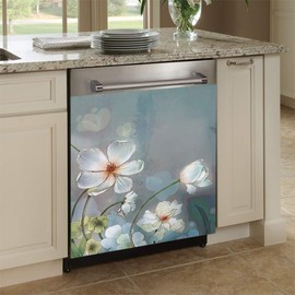 Magnet Dishwasher Cover Decorative for Kitchen,Dish Washer Door Sticker,Refrigerator Magnetic Stickers,Home Cabinet Decor Panel Decal (Blooming White Flowers, 23＂W×26＂H)