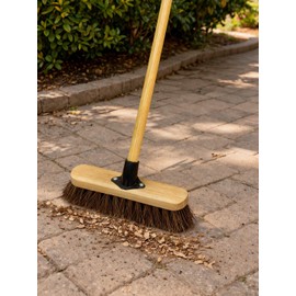 10” Outdoor Yard Broom with Wooden Handle Stiff Bassine Hard Bristles & Durable Support Bracket Heavy Duty Garden Brush Deck Broom & Scrubbing Brush for Driveways Patios and Decks (PACK OF 1)