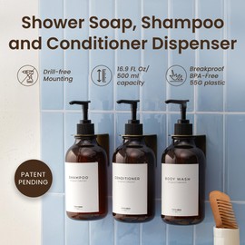 MaisoNovo Shampoo and Conditioner Dispenser - Shower Soap Dispenser Wall Mounted - 16.9 fl oz Set of 3 Amber Plastic Bottles Black Pump - 3 Chamber No Drill
