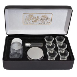 Portable Communion Service Set | Hard Case with Bottle for Wine, Vial for Oil, Six Glass Cups, and a Tin for Hosts | Great Catholic Gift for Ordination