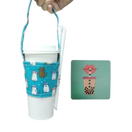 Portable Beverage Cup Foldable Holder Carrier (2 PCs Set), Tainada Reusable Drink Sleeve Handle Carry Strap for Coffee, Boba Tea, Hot & Cold Drink with Integrated Straw Holder (Cats Pattern Turquoise)