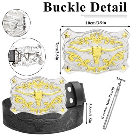 Aswitnove Long Horn Western Buckle Belts Cowboy Rodeo Texas Large Buckles Belt Straps Bull Head Engraved Leather Belt, Black, S-Fit waist size(34"-37")