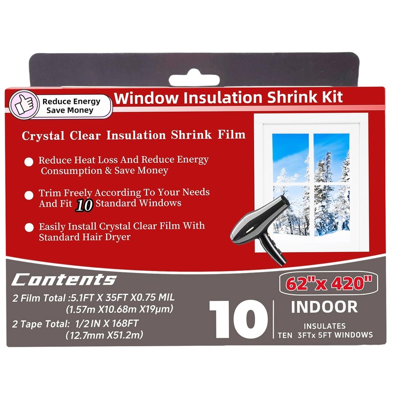 Fonsbleaudy 10-Window Shrink Film Window Insulation kit（62-Inch x 420-Inch），Insulating Film
