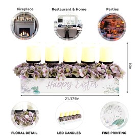 Easter Decor 5-PC LED Candles Happy Easter Decorations Table Centerpiece with Artificial Hydrangea for Easter Holiday Decoration Spring Décor Artificial Plants (White)