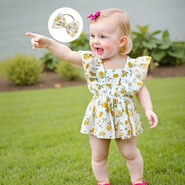 Baby Girl Summer Outfit Strawberry/Cherry/Lemon Smocked Tunic Tops Ruffle Bloomer Shorts Headband Cute 3Pcs Newborn Coming Home Summer Clothes 0-18M (Yellow, 12-18 Months)