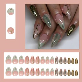 Spring French Tip Press on Nails Short Almond Texture Design- YIHONGYAN Fake Nails Press ons Acrylic Kit Full Cover Nails with Glossy Glue on Nails Nail Art for Nails Women Manicure 24 Pcs/Set