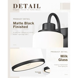 Beionxii Bathroom Light Fixtures, Bathroom Lighting Fixtures Over Mirror, 3 Light Matte Black Vanity Light with Milk Glass Shade, Black Wall Lights for Mirror Living Room, BX-VL01MB-3