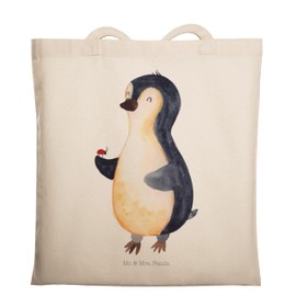 Mr. & Mrs. Panda Penguin Ladybird Tote Bag, Gift, Jute Bag, Happiness, Jute Bag, Miracle, Shopping Bag, Thoughtful, Penguins, Pouch Bag, White, Hand Drawn