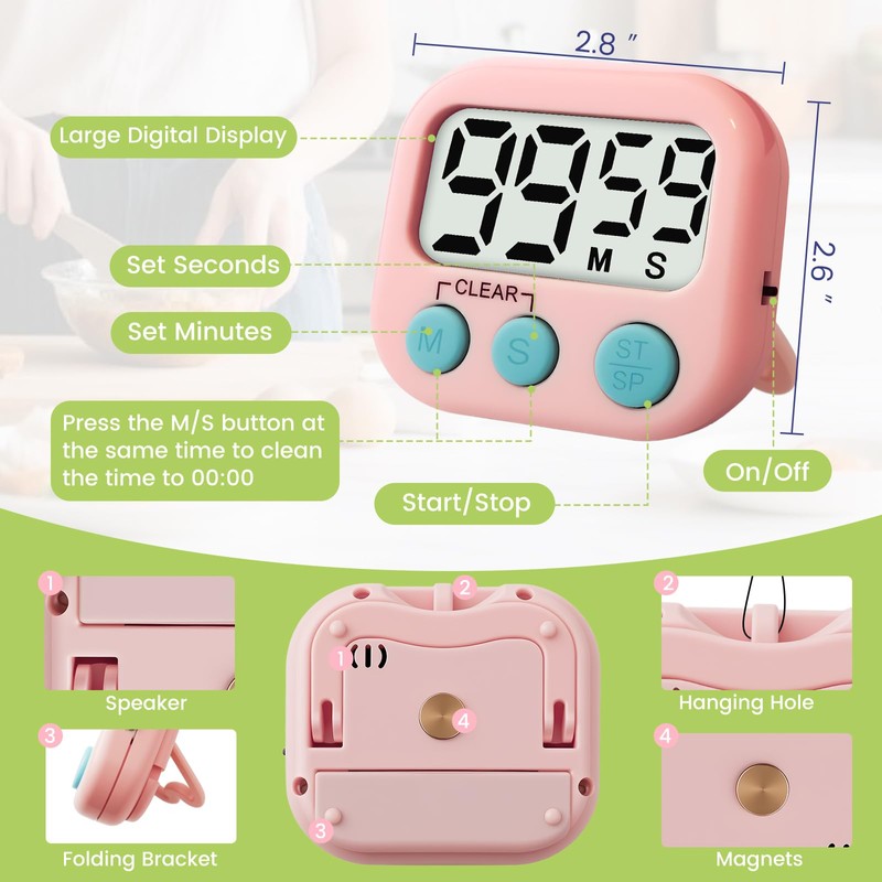Glochin 2 Pcs Digital Timer for Kids, Magnetic Countdown Kitchen