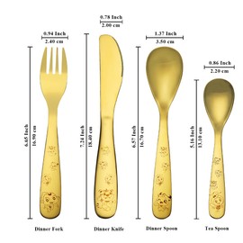 Berglander Gold Toddler Utensils 4 Pieces Golden Titanium Plating Kids Silverware Set, Children Safe Forks and Spoons Flatware, Mirror Polished Smooth Round Edage Cutlery Sets, Dishwasher Safe