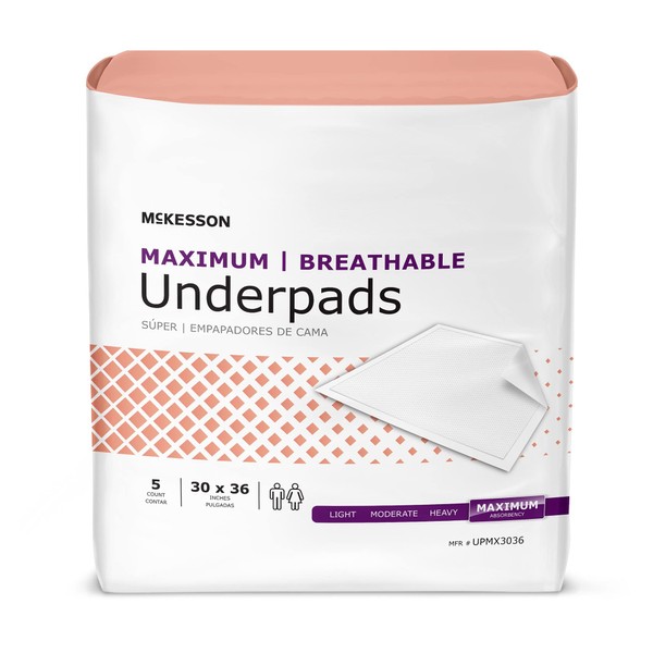McKesson Maximum Breathable Underpads, Incontinence Bed Pads, Maximum Absorbency, 30 in x 36 in, 70 Count