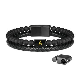 YL Initial Leather Bracelets for Men Stainless Steel Letter A Beaded Bracelet Double-Row Braided Bangle Wrap Jewelry