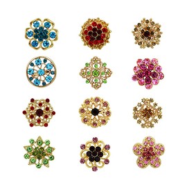 Lotsdonxia 12PCS Rhinestone-Adorned Button Brooches with Crystal Embellishments, Carved in a Flower Design, as Buckle Brooches for Wedding Decorations（Gold）