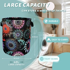 Mandalas Flowers Laundry Basket With Handles Oxford Cloth Tote Bag Colorful Laundry Hamper 18.9"x16.5" Foldable Clothes Storage Bucket Toy Organizer For Bathroom/Laundry/Bedroom