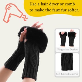 Knit Women Arm Warmer with Faux Fur Winter Fingerless Gloves Lady Fingerless Wrist Warmer Mittens (Black)