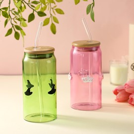 Honeydak 2 Pcs Witch Princess Icon Drinking Glasses - 16 oz Pink and Green Icon Glass Cups with Bamboo Lid & Straw Crown Witch Hat Glass Drinking Jar for Witch Princess Birthday Party Gift