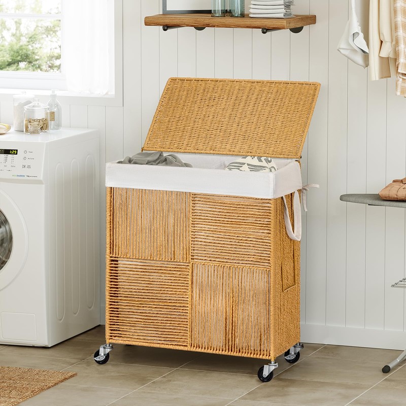 WOWLIVE Double Laundry Hamper with Lid, Handwoven Rolling Laundry Basket