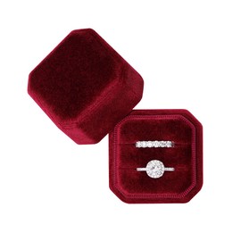 BLUTETE Square Octagon Ring Box 2 Slots Wedding Engagement Ring Set Keepsake Box Bridal Photo Gift Box (Red)