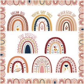 BeYumi 62Pcs Boho Rainbow Positive Sayings Accents Classroom Bulletin Board Decorations Set Motivational Bohemian Cutouts with Inspirational Bulletin Board Borders Trim for School Home Wall Decor