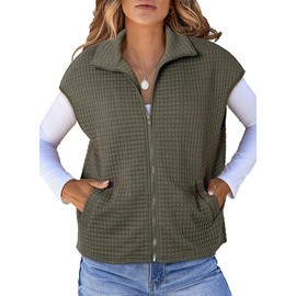 Dokotoo Womens Vest 2025 Fall Casual Turn-down Collar Zipper Up Cap Sleeve Vests Side Pockets Solid Color Loose Waffle Knit Tops Green Medium